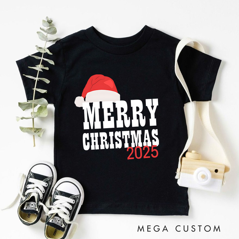 Personalized Merry Christmas with Santa Hat and Bold Text Christmas Kids T-Shirt