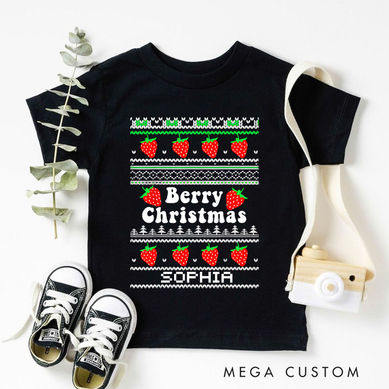 Personalized Berry Christmas with Festive Fruit and Patterns Christmas Kids T-Shirt