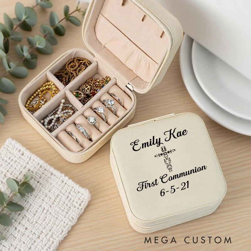Personalized First Communion Square Leather Jewelry Box with Name and Date Portable Case Travel Accessory Religious Gift