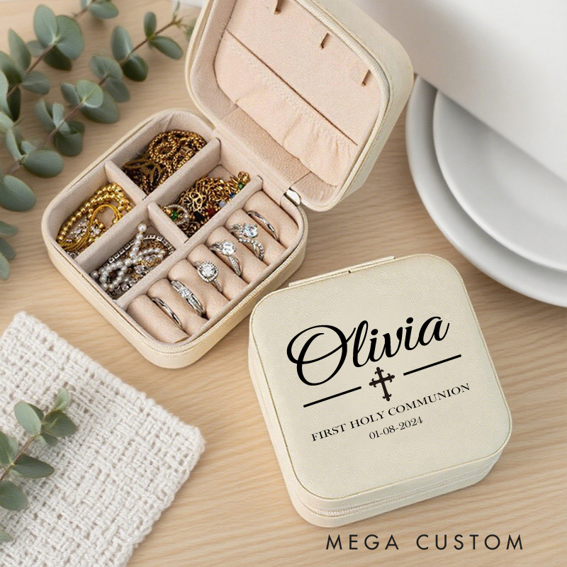 Personalized First Holy Communion Leather Jewelry Box with Name and Date Portable Case Travel Accessory 1st Communion Gift for Christian 