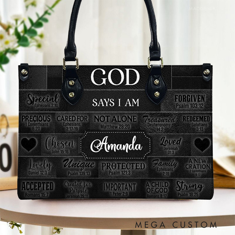 Personalized God Says I am Bible Verse Faith Leather Handbag with Name Religious Gift Christian Gift for Her