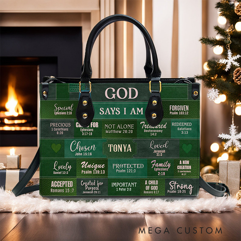 Personalized God Says I am Bible Verse Green Leather Handbag with Name Religious Gift Christian Faith Gift for Women