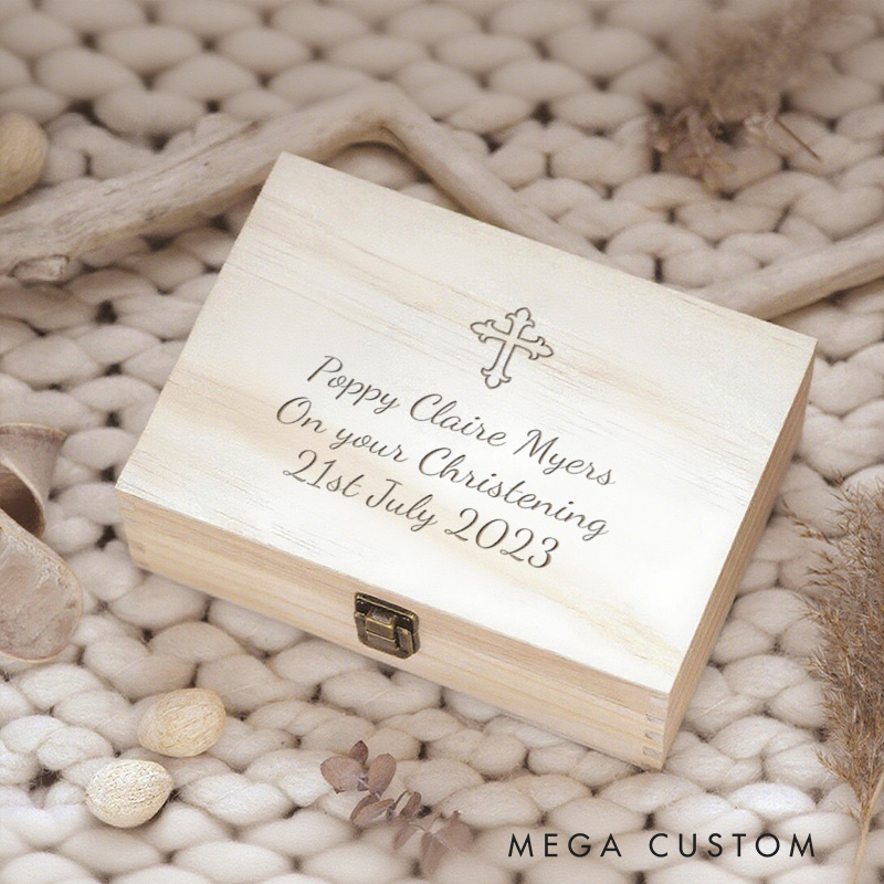 Personalized Cross Wooden Keepsake Box with Name and Date Religious Gift Christening Gift