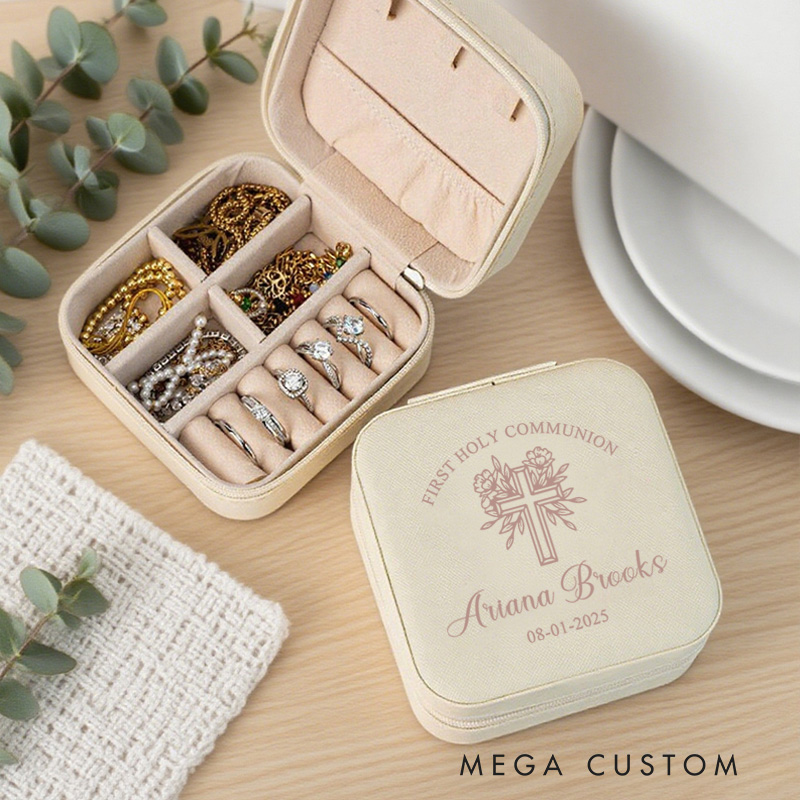 Personalized Bouquet Cross Jewelry Box First Holy Communion Leather Jewelry Box with Name and Date Portable Case Travel Accessory Baptism Gift for Her