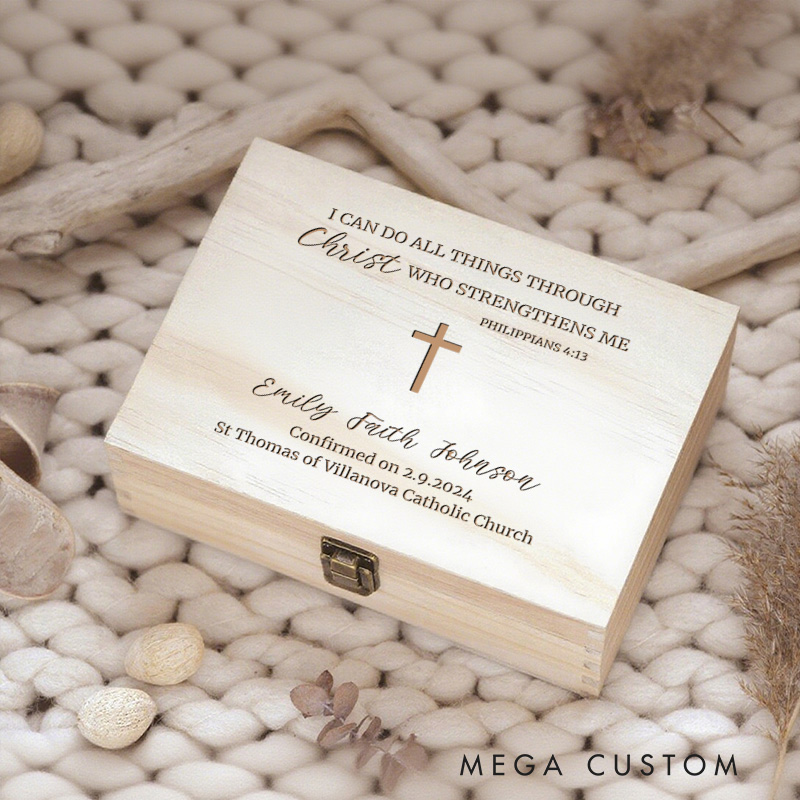 Personalized Philippians 4:13 Wooden Keepsake Box with Name and Location Religious Gift Confirmation Gift for Kids