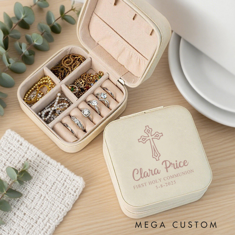 Personalized Cross Jewelry Box First Holy Communion Leather Jewelry Box with Name and Date Portable Case Travel Accessory Baptism Gift for Her