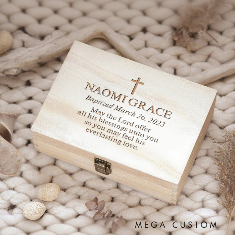 Personalized Cross Wooden Keepsake Box with Name and Text Religious Gift Baptism Gift Christian Quote Gift