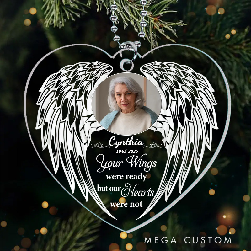 Personalized Heart Shaped Memorial Ornament Angel Wings Design Custom Photo Name Year Keepsake