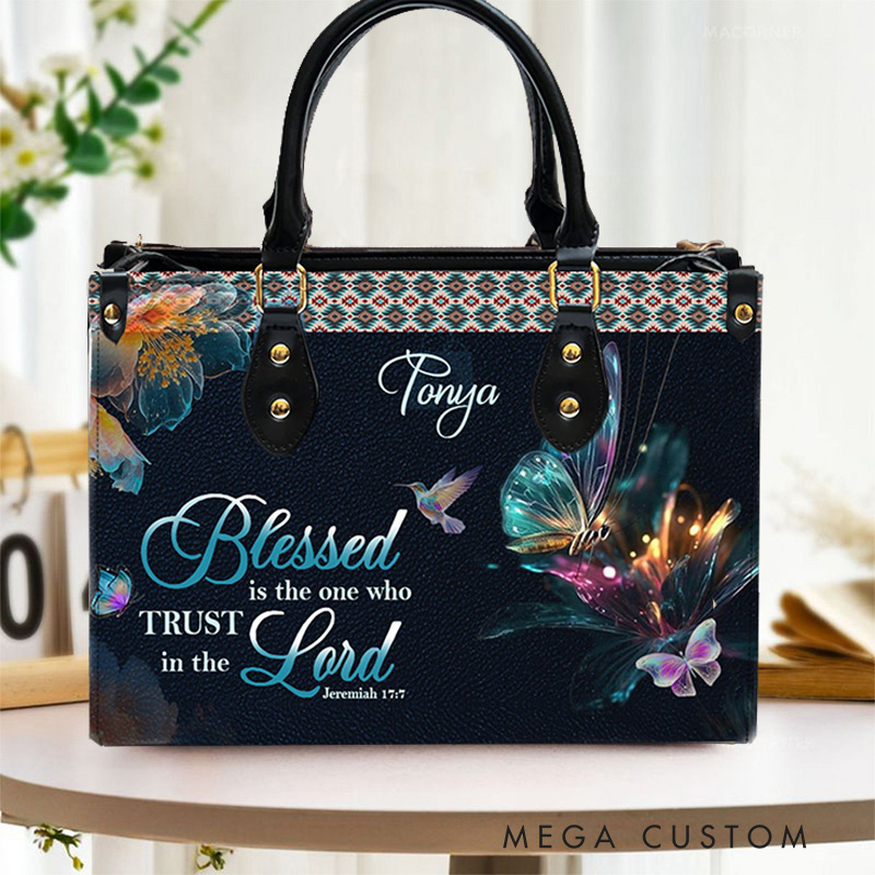 Personalized Blessed is the One Who Trusts in the Lord Leather Handbag with Name Religious Gift Christian Gift for Her