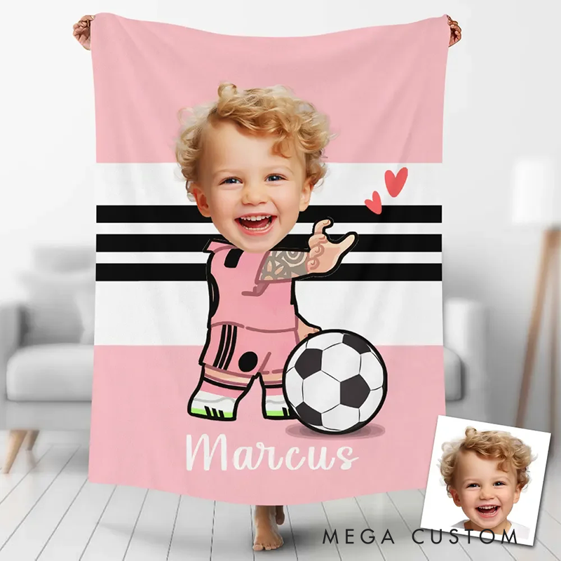 Personalized Pink Soccer Blanket with Custom Photo and Name Design for Kids