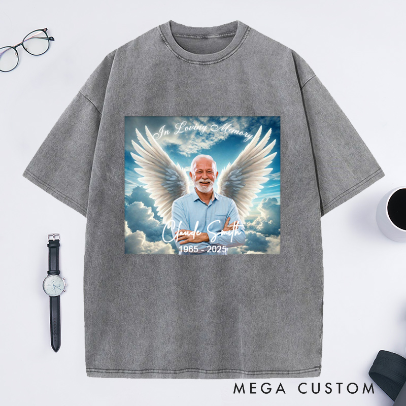Personalized Memorial Washed T-Shirt Memorial Gift for Loss of Loved One In Loving Memory Gift Angel Wings Photo T-Shirt 