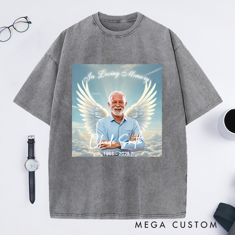 Personalized Memorial Photo Washed T-Shirt Memorial Gift for Loss of Grandfather Father and Loved One In Loving Memory Gift Angel Wings T-Shirt 