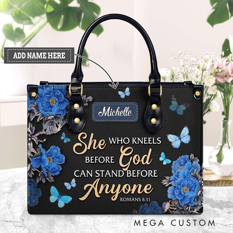 Personalized She Who Kneels before God can Stand before Anyone Leather Handbag with Name Religious Gift Christian Gift for Her