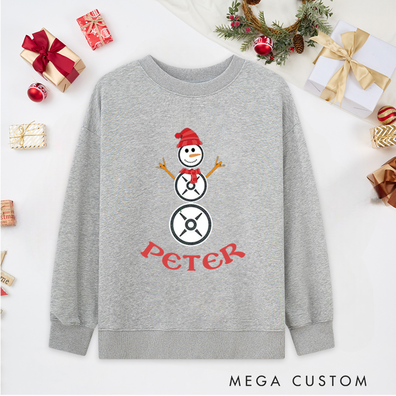 Personalized Christmas Classic Sweatshirts with Weight Plate Snowman for Fitness Enthusiasts Bodybuilders and Gym Lovers
