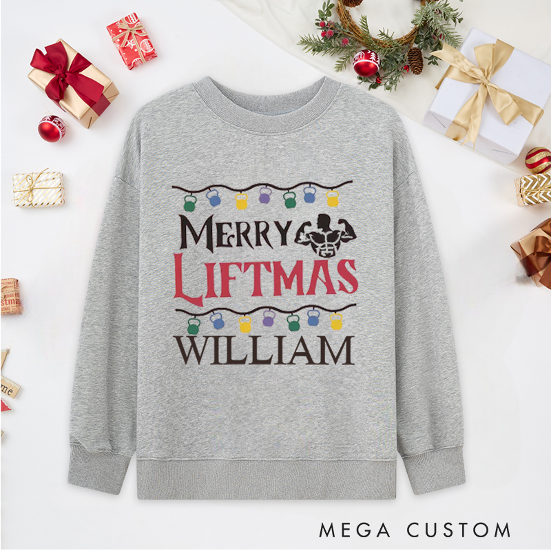 Personalized Christmas Classic Sweatshirts with Merry Liftmas Kettlebell Lights and Muscle for Fitness Enthusiasts Bodybuilders and Gym Lovers