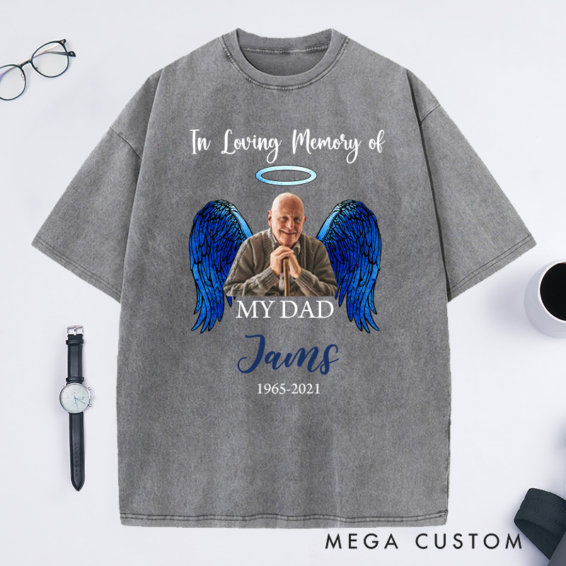 Personalized Memorial Photo Washed T-Shirt Memorial Gift for Loss of Grandfather In Loving Memory Gift Angel Wings T-Shirt 