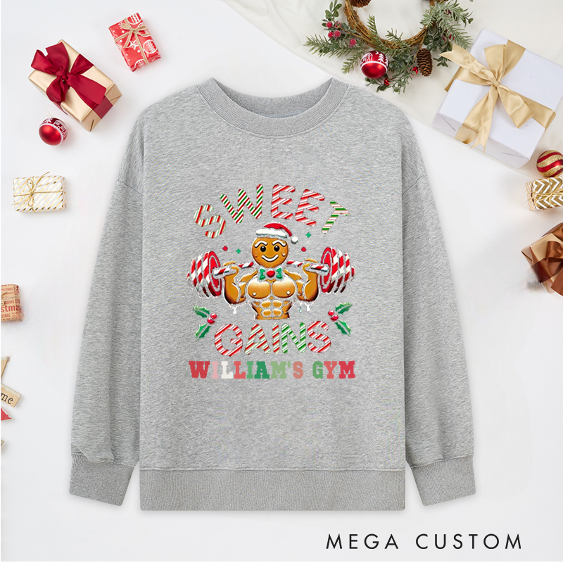 Personalized Christmas Classic Ugly Sweatshirts with Sweet Gains Gingerbread Man for Fitness Enthusiasts Bodybuilders and Gym Lovers