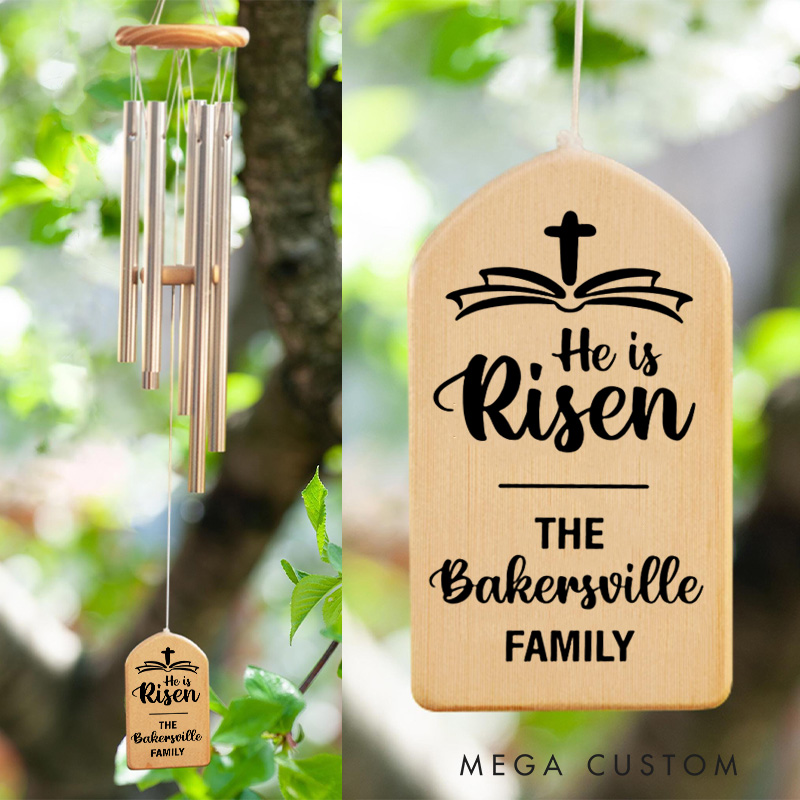 Personalized Cross and Bible He Is Risen Wind Chime with Family Name Garden Outdoor Decoration Religious Quote Gift Christian Gift Easter Gift