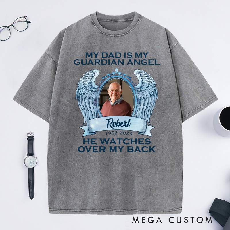 Personalized in loving Memory Washed T-Shirt Rest in Peace Shirt Heaven Shirt Custom Photo Shirt My Dad Is My Guardian Angel Shirt