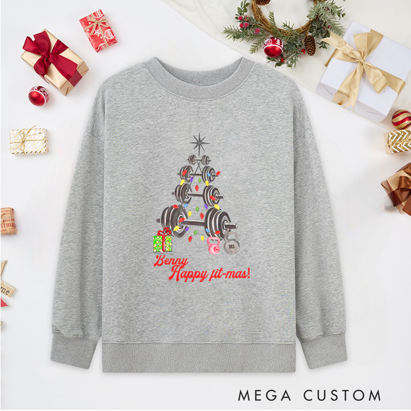 Personalized Christmas Classic Ugly Sweatshirts with Happy Fit Mas Barbell and Kettlebell Christmas Tree for Fitness Enthusiasts Bodybuilders and Gym Lovers