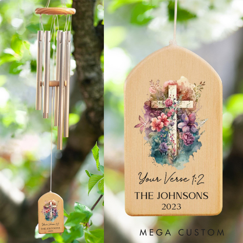 Personalized Floral Cross Wind Chime with Bible Verse Family Name Date Garden Outdoor Decoration Religious Gift Christian Gift