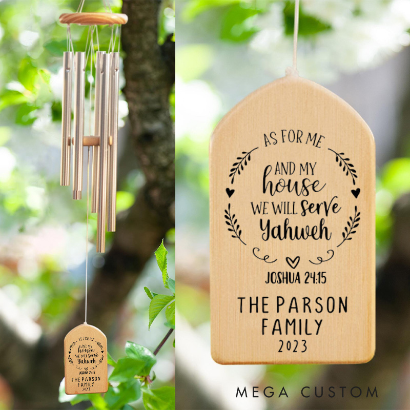 Personalized as for Me and My House We Will Serve Yahweh Wind Chime with Family Name and Date Garden Outdoor Decoration Religious Gift Christian Gift