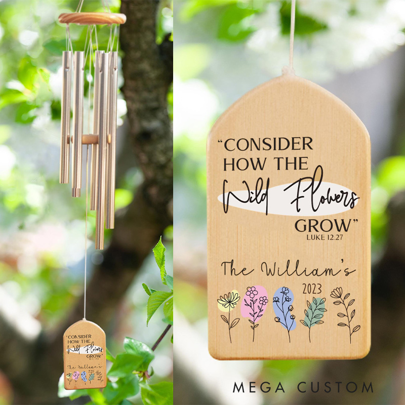 Personalized Consider How the Wild Flowers Grow Wind Chime with Family Name and Year Garden Outdoor Decoration Religious Gift Christian Gift