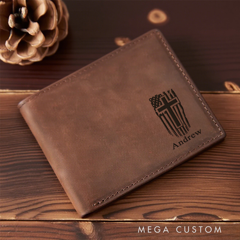 Personalized Flag with Cross Leather Bifold Wallet with Name and Scripture Multi Pocket Religious Gift Birthday Gift for Men
