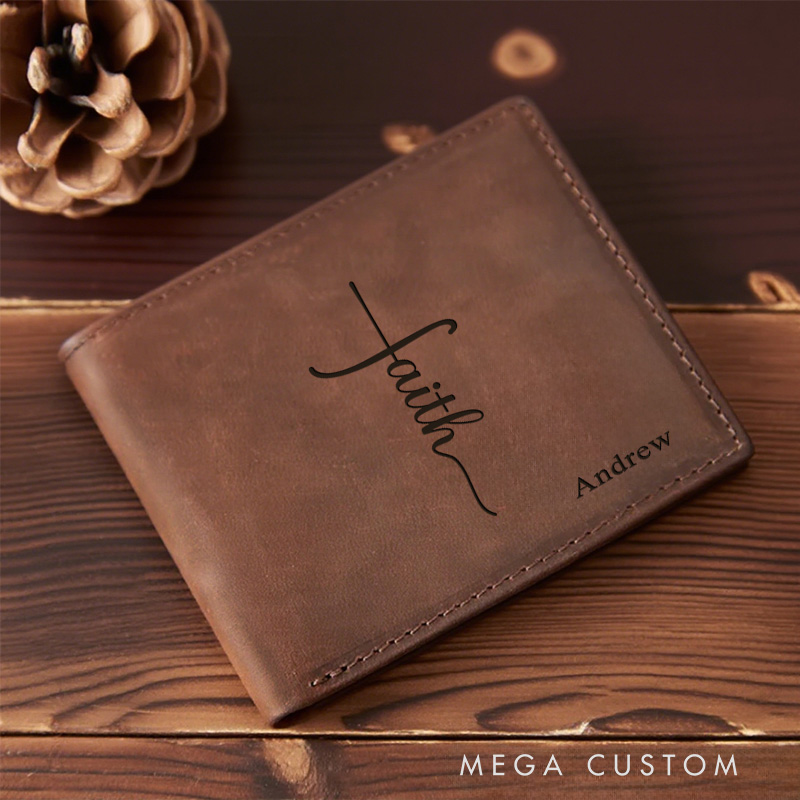 Personalized Faith Leather Bifold Wallet with Name and Scripture Multi Pocket Religious Gift Birthday Gift for Men