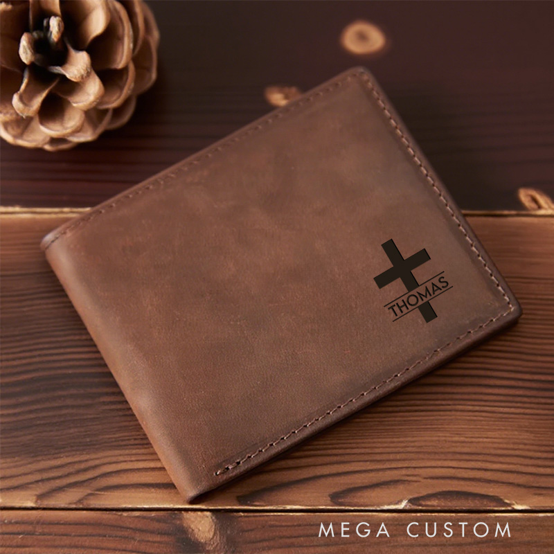 Personalized Classic Cross Leather Bifold Wallet with Name and Scripture Multi Pocket Religious Gift Birthday Gift for Men