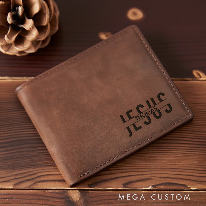 Personalized Jesus Leather Bifold Wallet with Name and Scripture Multi Pocket Religious Gift Birthday Gift for Men