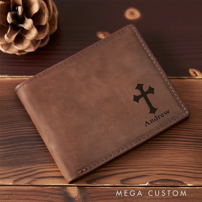 Personalized Cross Leather Bifold Wallet with Name and Scripture Multi Pocket Religious Gift Birthday Gift for Men