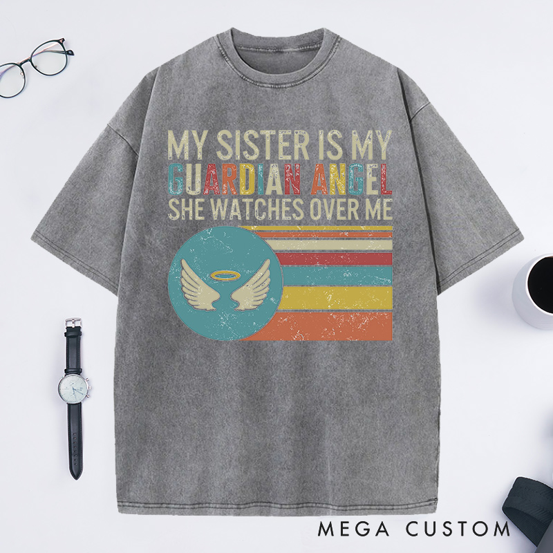 Personalized Sister Memorial Washed T-Shirt Retro Stripes Guardian Angel Watches Over Sympathy Gift Loss of Sister