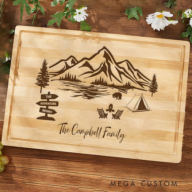 Personalized Camping Cutting Board Engrave the Adventure Begins Cutting Board Gift for Hiking Camping Life Campfire Lovers