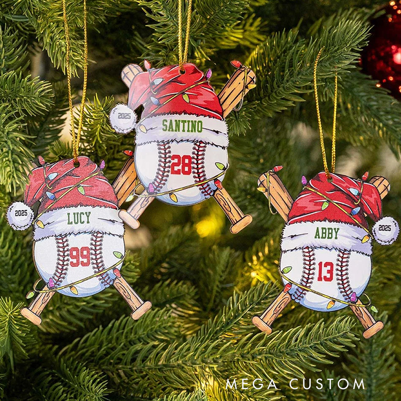 Personalized Acrylic Santa Hat Baseball Christmas Ornament with Name Number and Year 