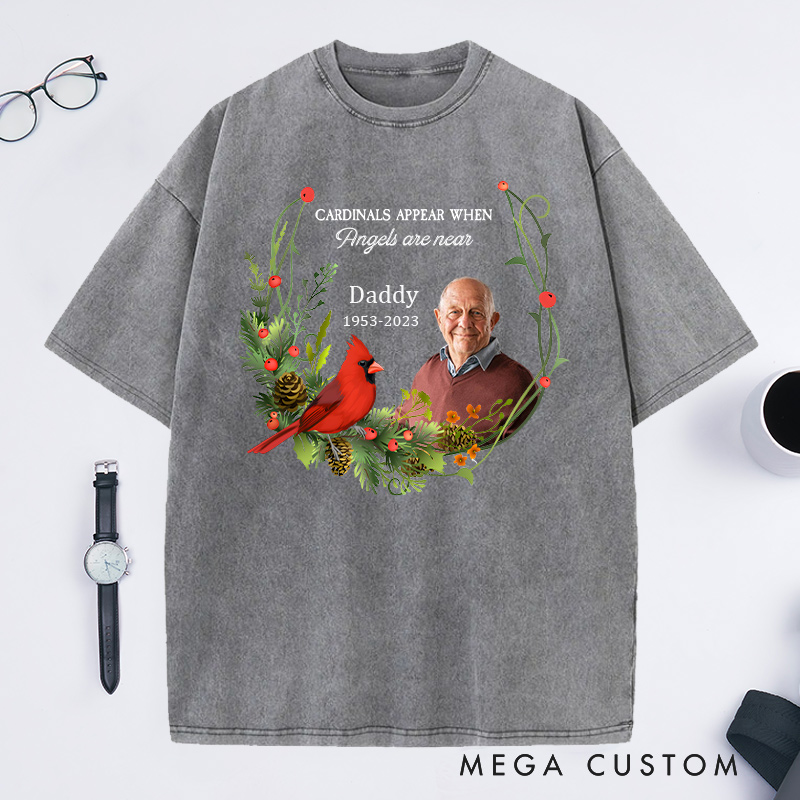 Personalized In Memory Memorial  Washed T-Shirt Custom Photo Name Year Cardinal Keepsake Gift