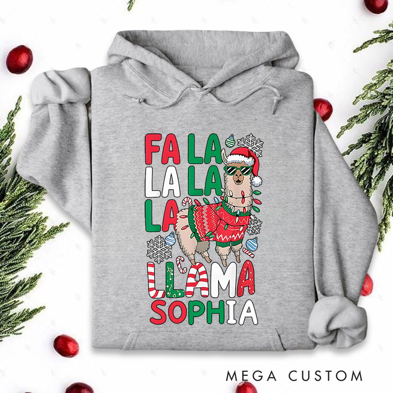 Personalized Fa La La Llama with Santa Hat and Scarf Christmas Hoodies