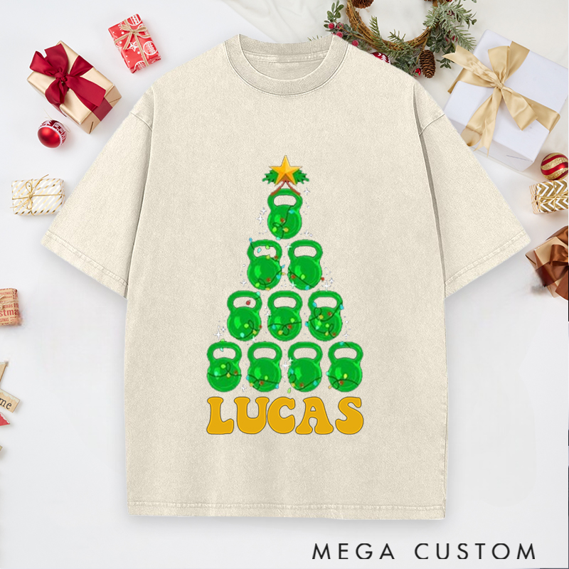 Personalized Gym Washed T-Shirts with Kettlebell Christmas Tree Fitness for Fitness Enthusiasts Bodybuilders and Gym Lovers
