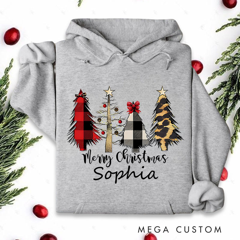 Personalized Plaid and Animal Print Christmas Trees with Bow Christmas Hoodies