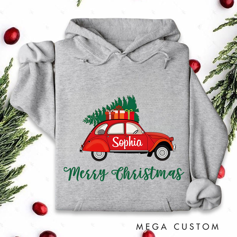 Personalized Red Car Carrying Christmas Tree with Merry Christmas Text Christmas Hoodies