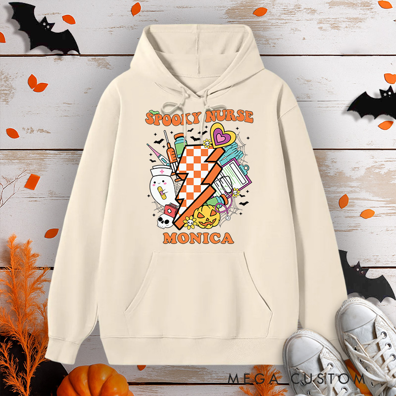 Personalized Hoodies for Nurse Customized Spooky Nurse Retro Collage Design Hoodies Halloween Nurse Hoodie