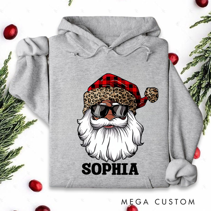 Personalized Santa with Plaid and Leopard Print Hat Christmas Hoodies