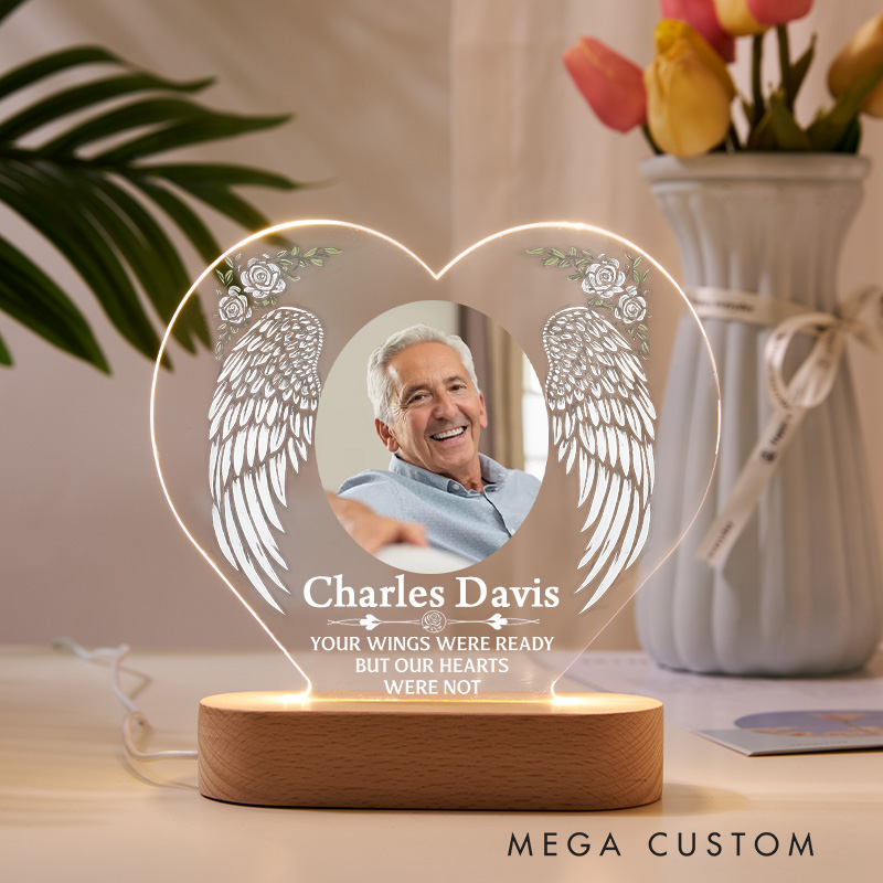 Personalized Heart Shaped LED Memorial Light Angel Wings Rose Custom Photo Name Sympathy Keepsake