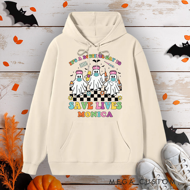 Personalized Hoodies for Nurse Customized It's a Boo-tiful Day to Save Lives Design Hoodies Halloween Nurse Hoodie