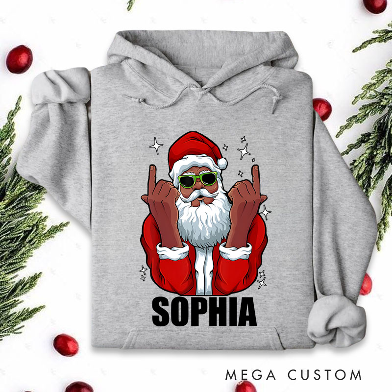 Personalized Cool Santa with Sunglasses and Rock Hand Gesture Christmas Hoodies