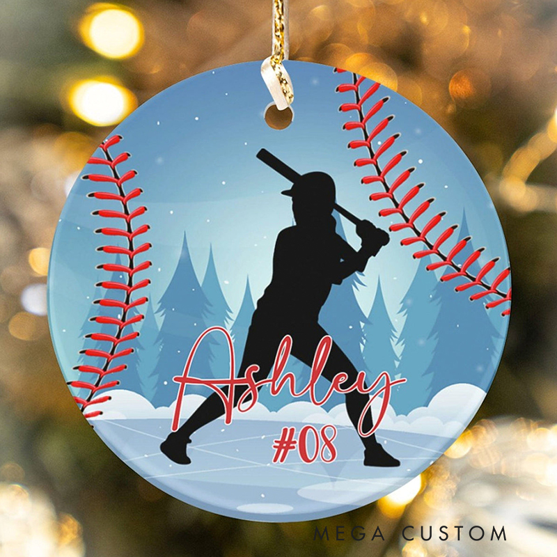 Personalized Baseball Ornament with Player Silhouette and Custom Name  