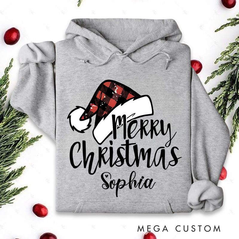 Personalized Merry Christmas with Buffalo Plaid Santa Hat Christmas Hoodies