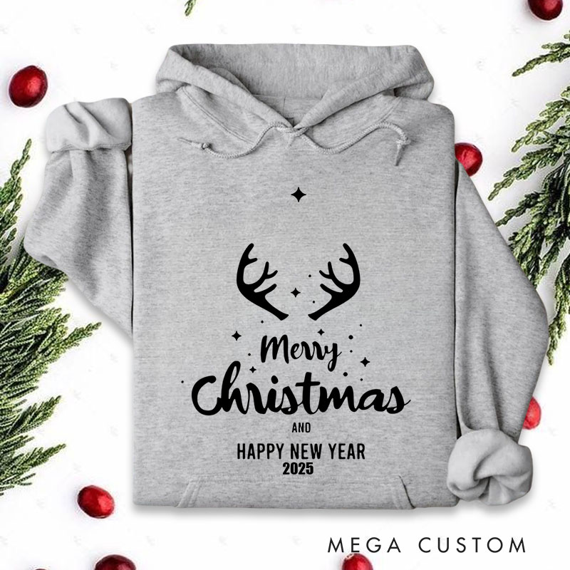 Personalized Merry Christmas and Happy New Year with Reindeer Antlers Christmas Hoodies
