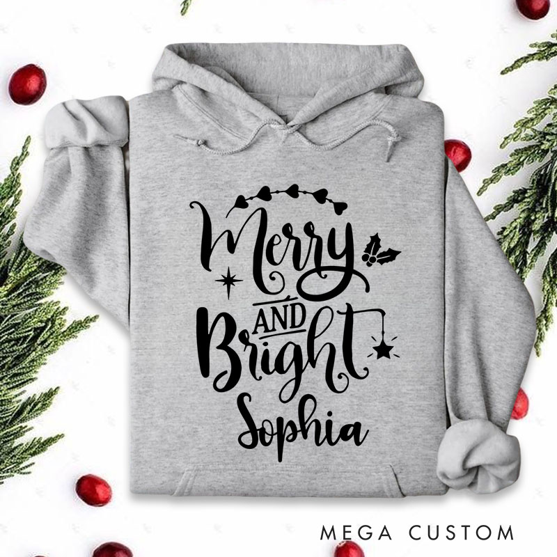Personalized Merry and Bright with Holly and Festive Accents Christmas Hoodies