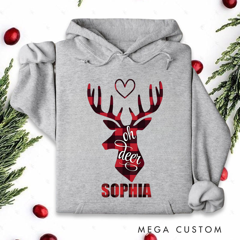 Personalized Oh Deer with Red Reindeer and Heart Christmas Hoodies